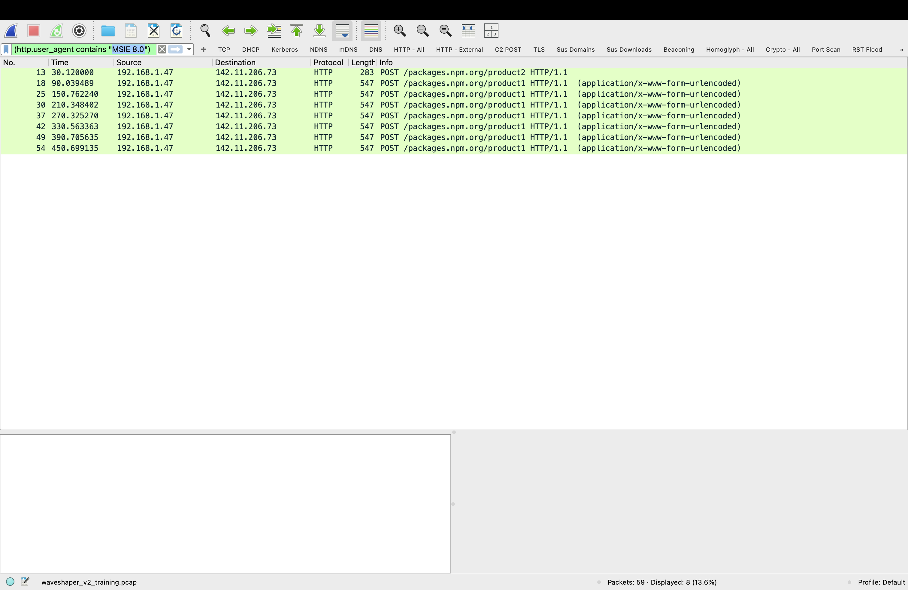 Wireshark showing 8 C2 connections at regular 60-second intervals with timestamps