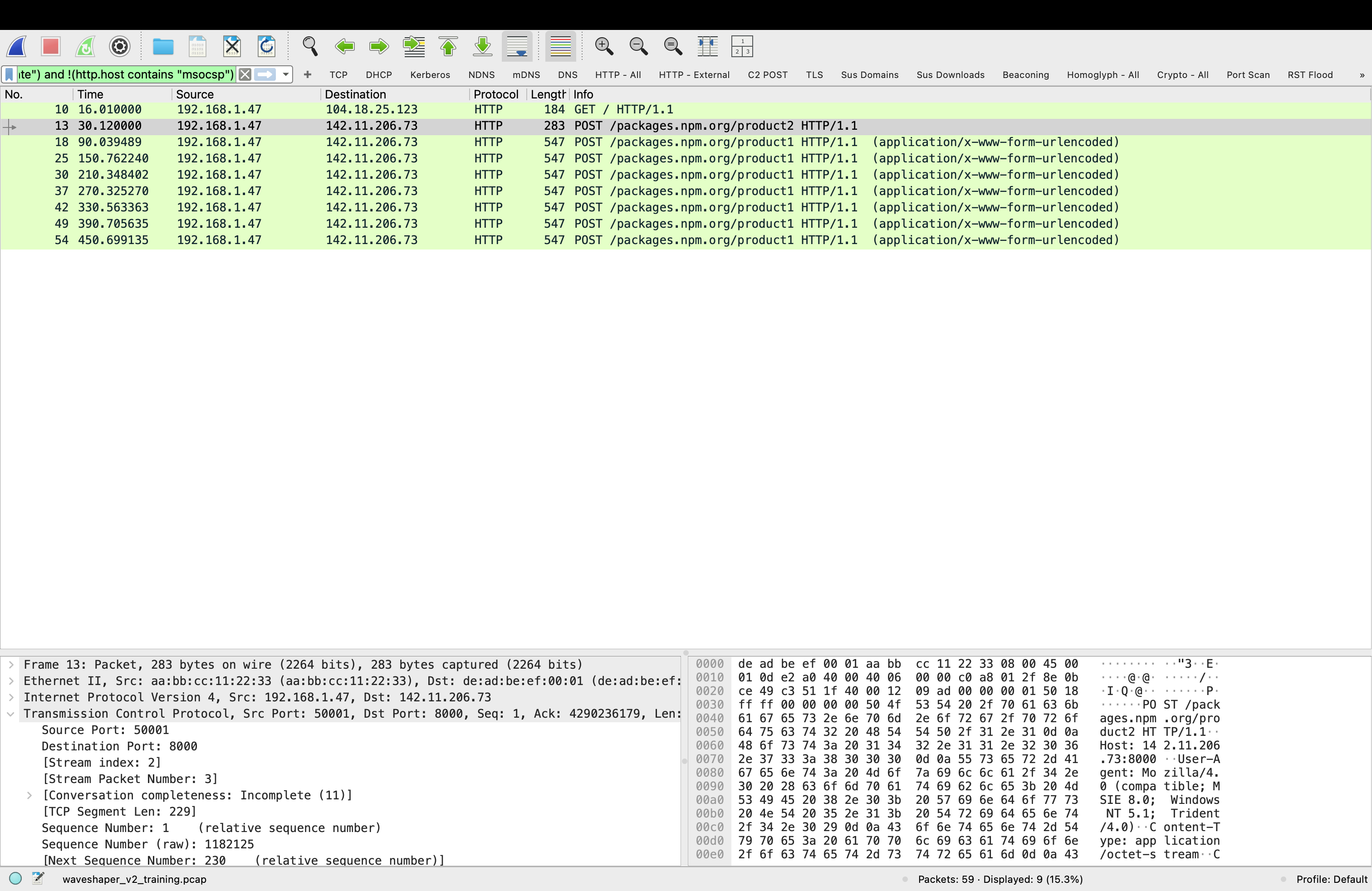 Wireshark showing same 8 packets filtered by HTTP External behavioral rule