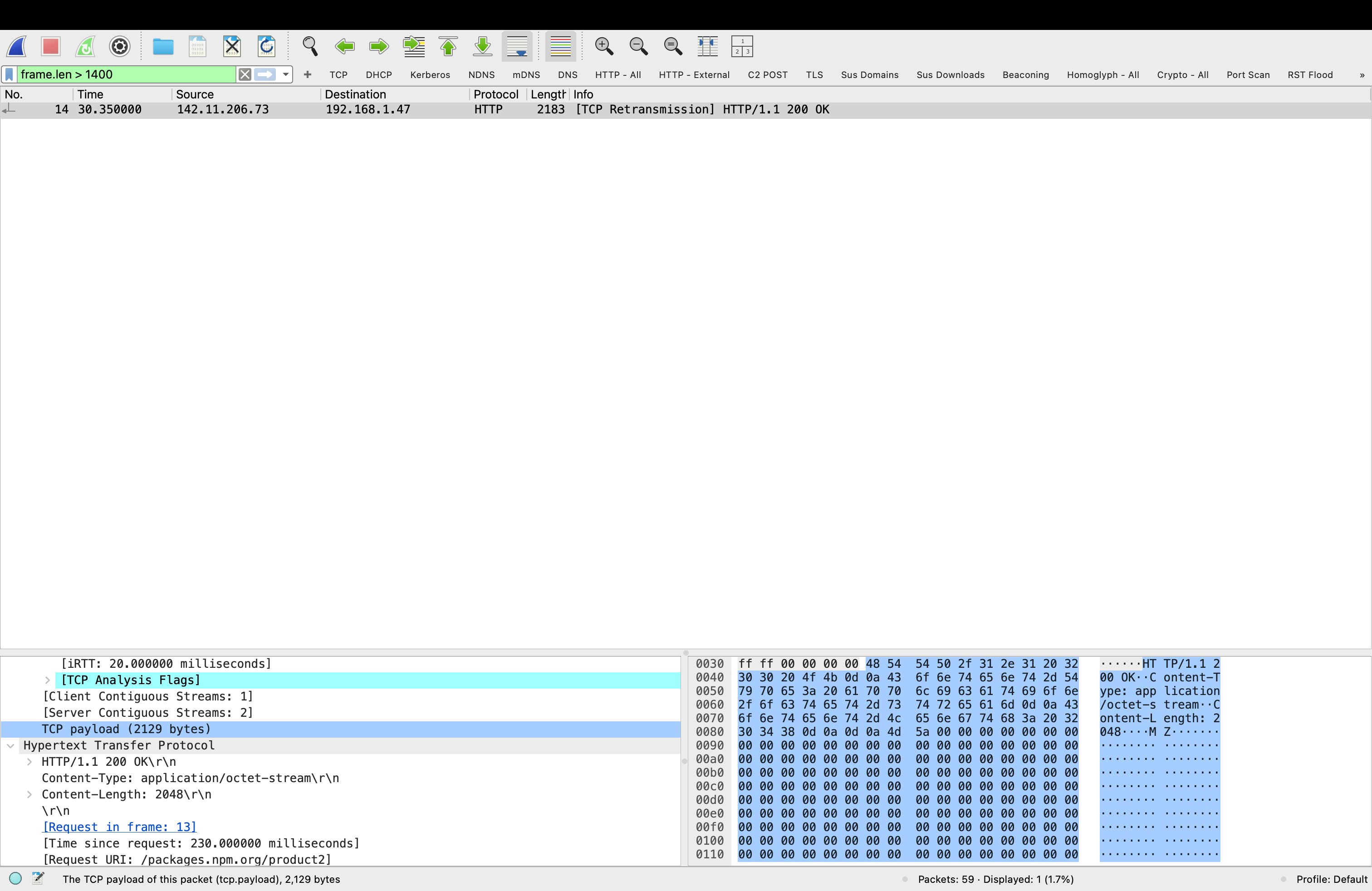 Wireshark showing single large packet from C2 IP with MZ binary payload